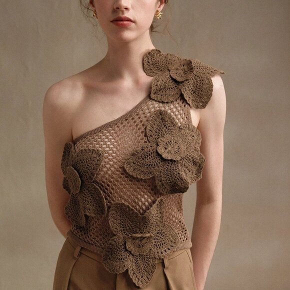 Khaki Casual Women's Casual Crochet 3d Floral Sleeveless Vest - Picture 7 of 8